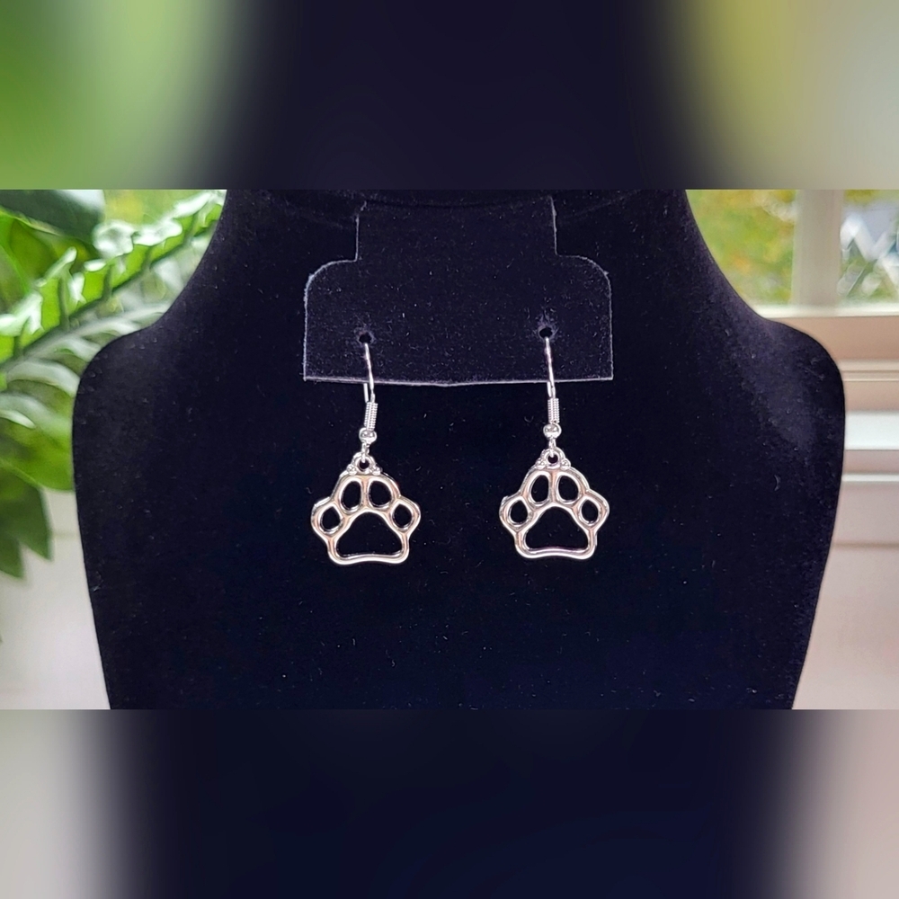 Silver Paw Print Statement Dangle Earrings / Pierced - Picture 4 of 5